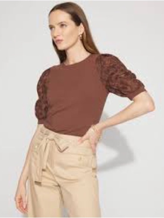 White House Black Market Tops - White House Black Market Chocolate Brown Puff-Sleeve Short Sleeve Top small
